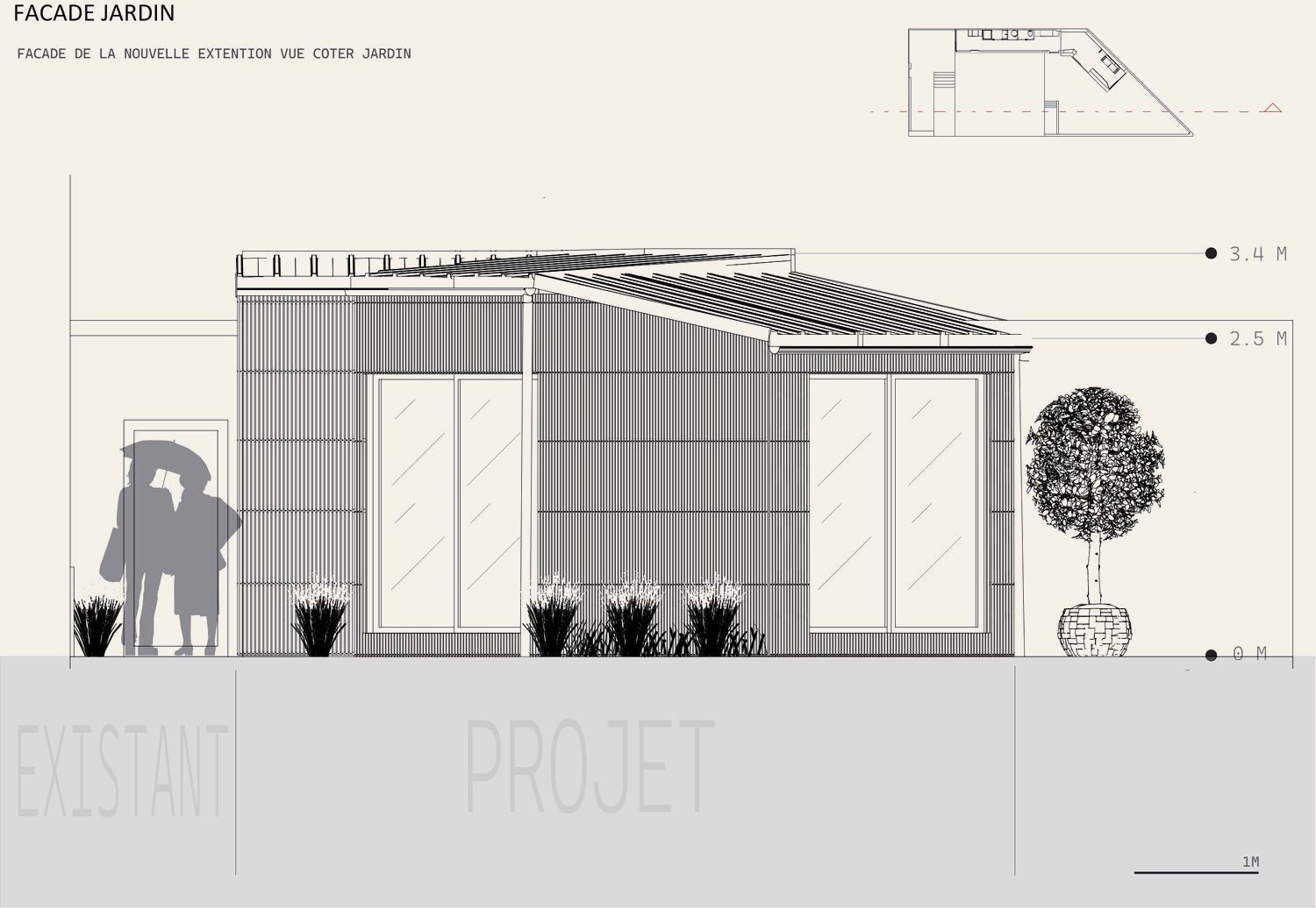 Façade côté jardin, existant et projet